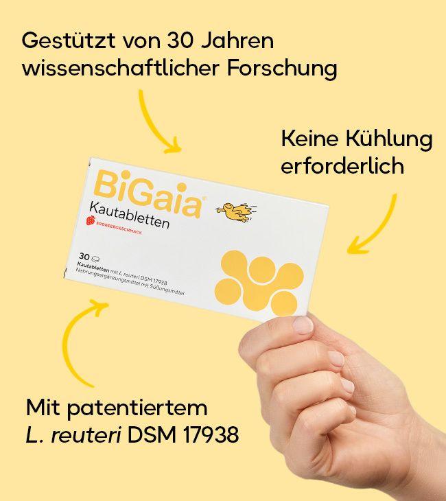 Verpackung von BiGaia Kautabletten mit Erdbeergeschmack.