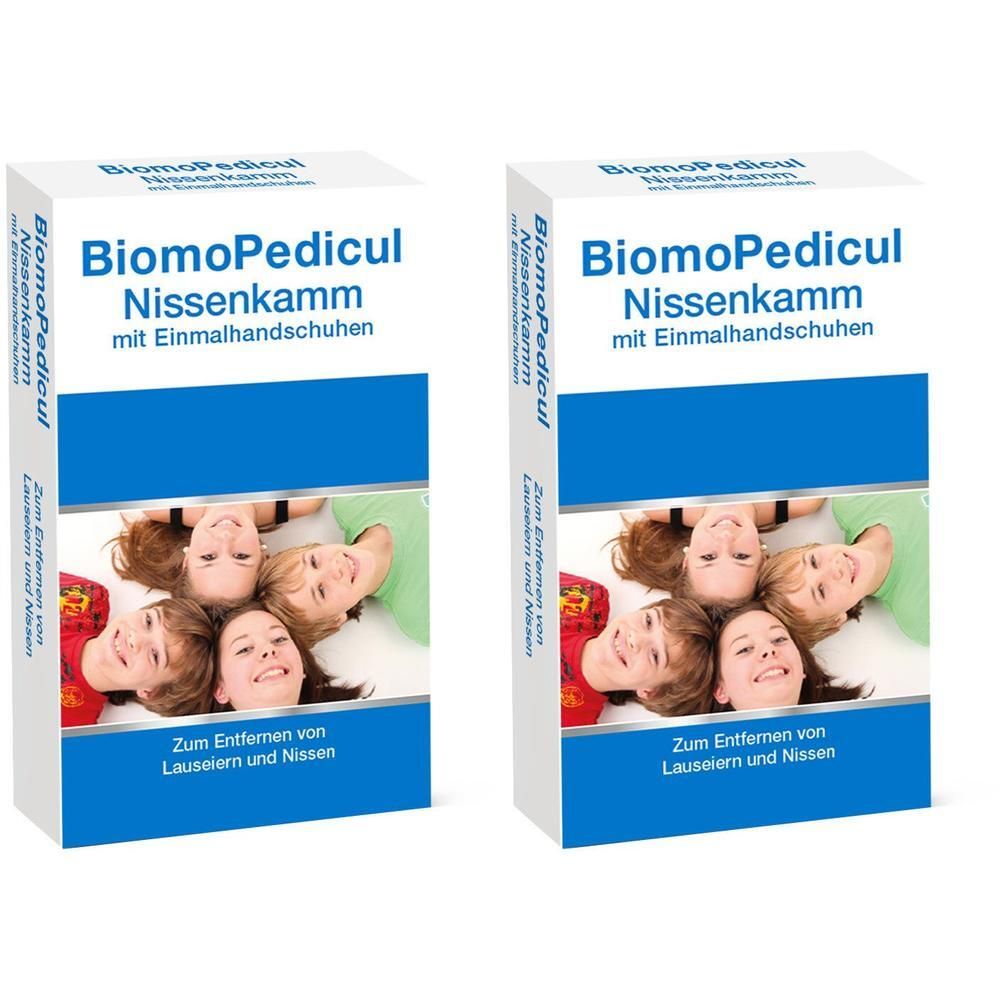 Zwei rechteckige Verpackungen. Aufschrift: BiomoPedicul Nissenkamm mit Einmalhandschuhen. Abbildung von Kindern.