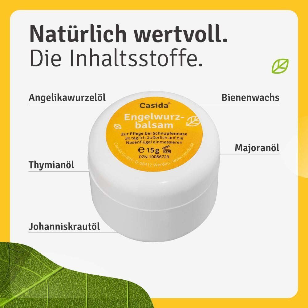 Weißer Tiegel mit gelbem Deckel. Auf dem Deckel steht "Casida Engelwurz-balsam". Inhaltsstoffe sind aufgelistet.