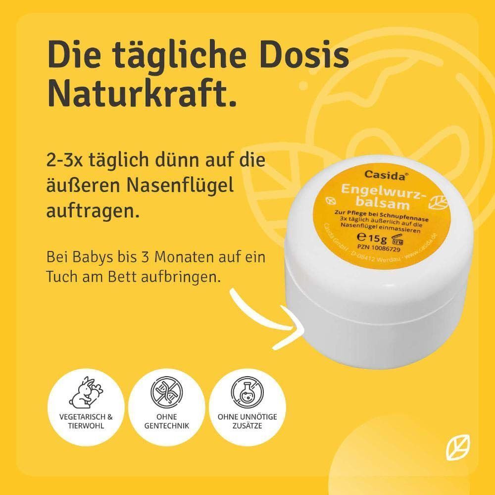Weißer Tiegel mit gelbem Deckel. Auf dem Deckel steht "Casida Engelwurz-balsam". Anwendungshinweise und Logos.