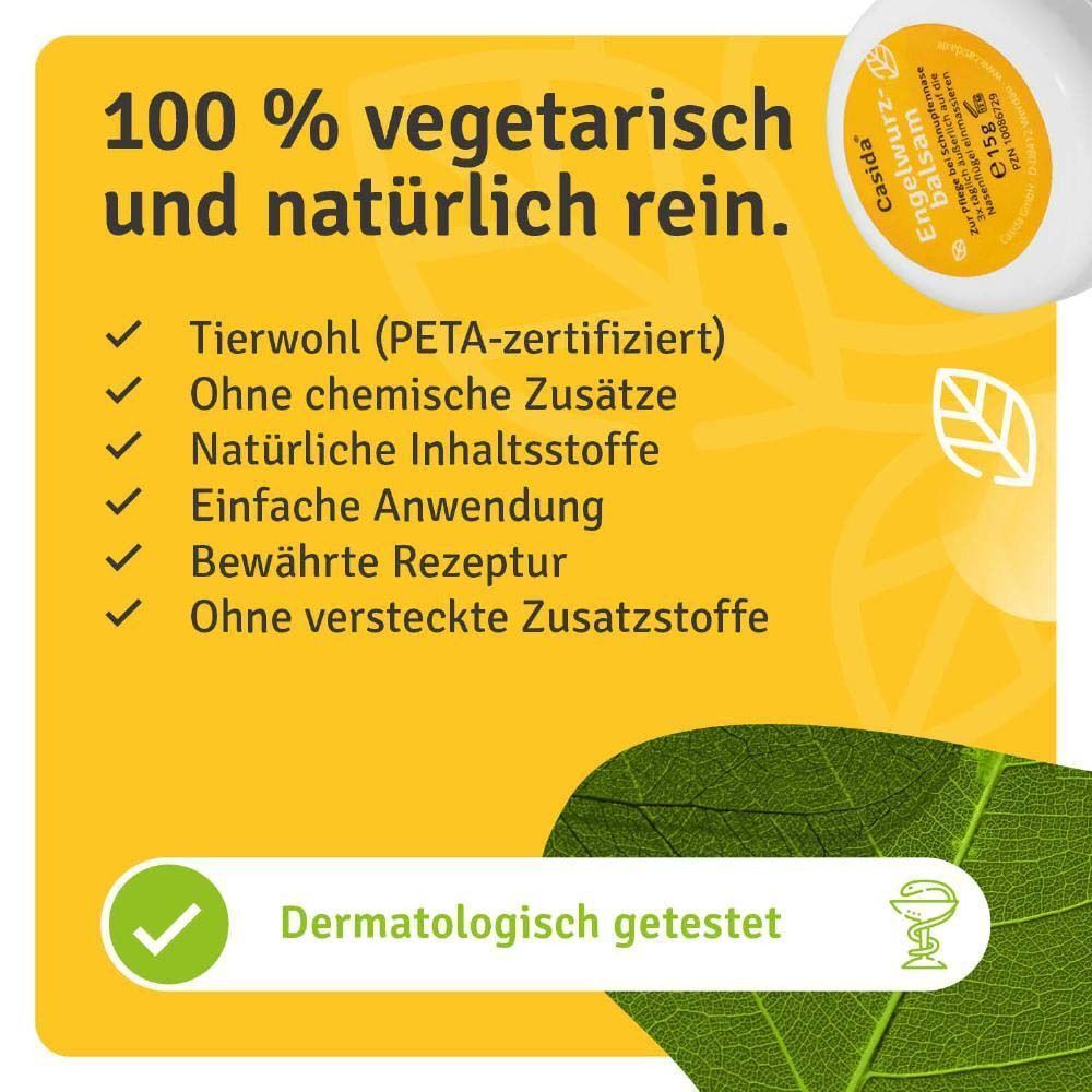 Gelber Hintergrund mit Text und Logos. Auf dem Deckel steht "Casida Engelwurz-balsam".