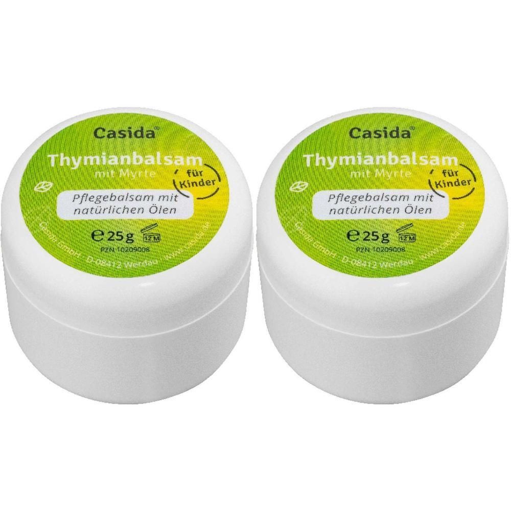 Zwei weiße Tiegel mit grünem Deckel. Auf dem Deckel steht "Casida Thymianbalsam mit Myrte für Kinder".