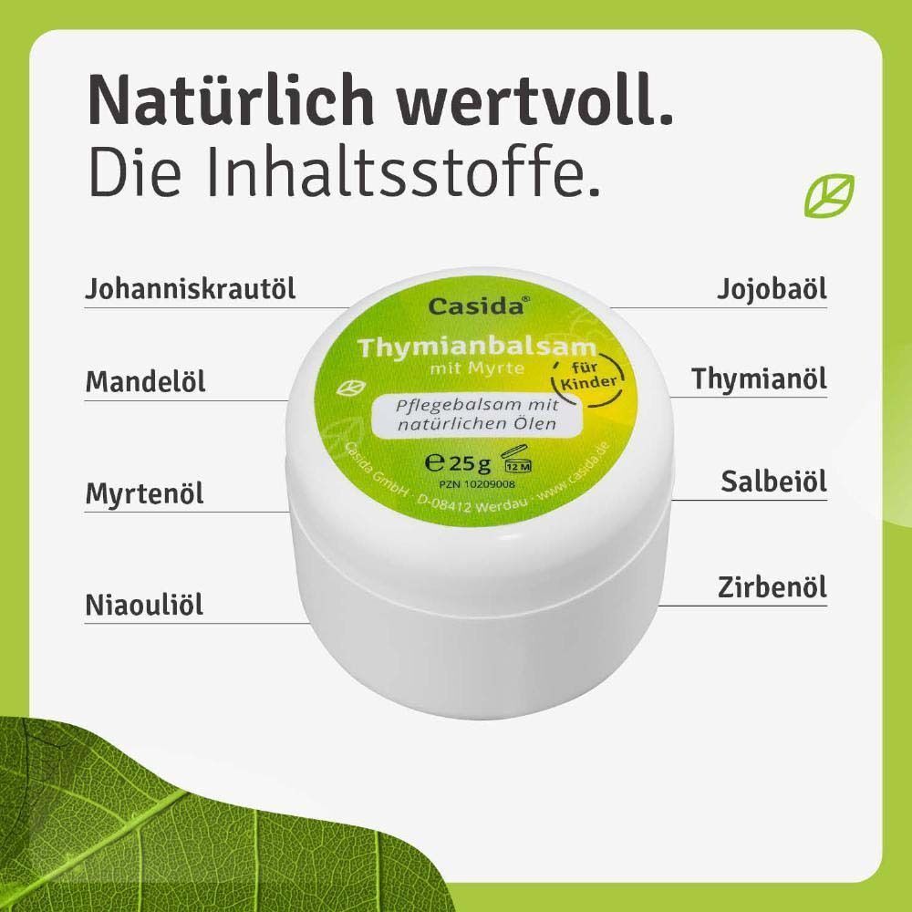 Ein weißer Tiegel mit grünem Deckel. Auf dem Deckel steht "Casida Thymianbalsam mit Myrte für Kinder". Zutatenliste.