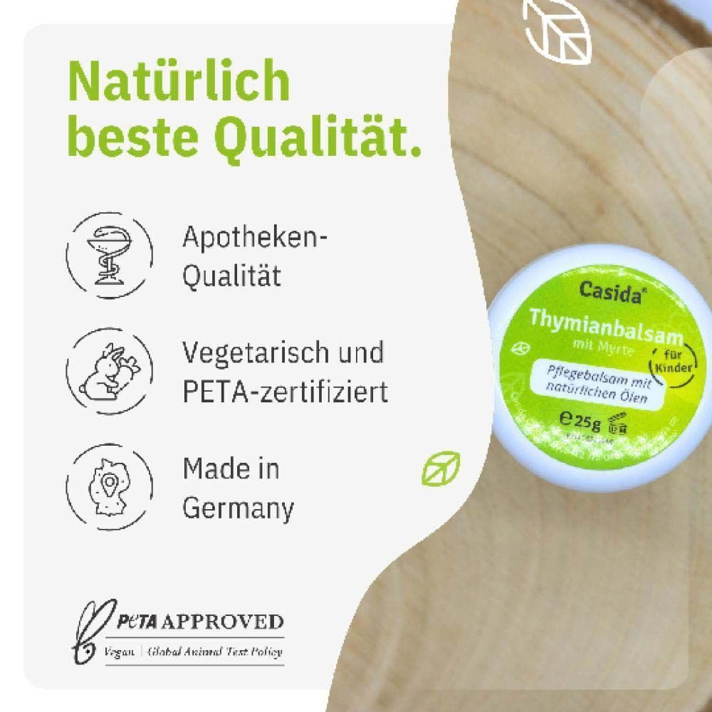 Ein weißer Tiegel mit grünem Deckel. Auf dem Deckel steht "Casida Thymianbalsam mit Myrte für Kinder". Apotheken-Qualität, vegetarisch, PETA-zertifiziert.