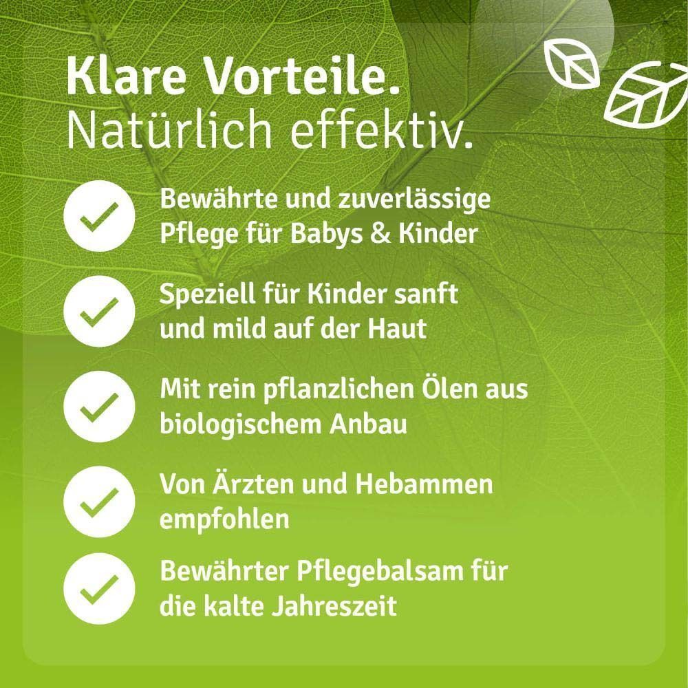 Ein weißer Tiegel mit grünem Deckel. Auf dem Deckel steht "Casida Thymianbalsam mit Myrte für Kinder". Vorteile: Pflege für Babys & Kinder.