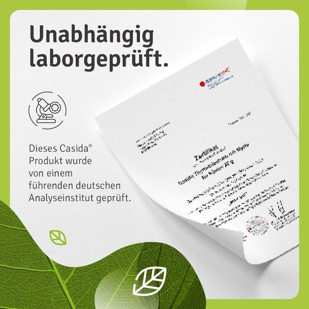 Ein weißer Tiegel mit grünem Deckel. Auf dem Deckel steht "Casida Thymianbalsam mit Myrte für Kinder". Laborgeprüftes Produkt.