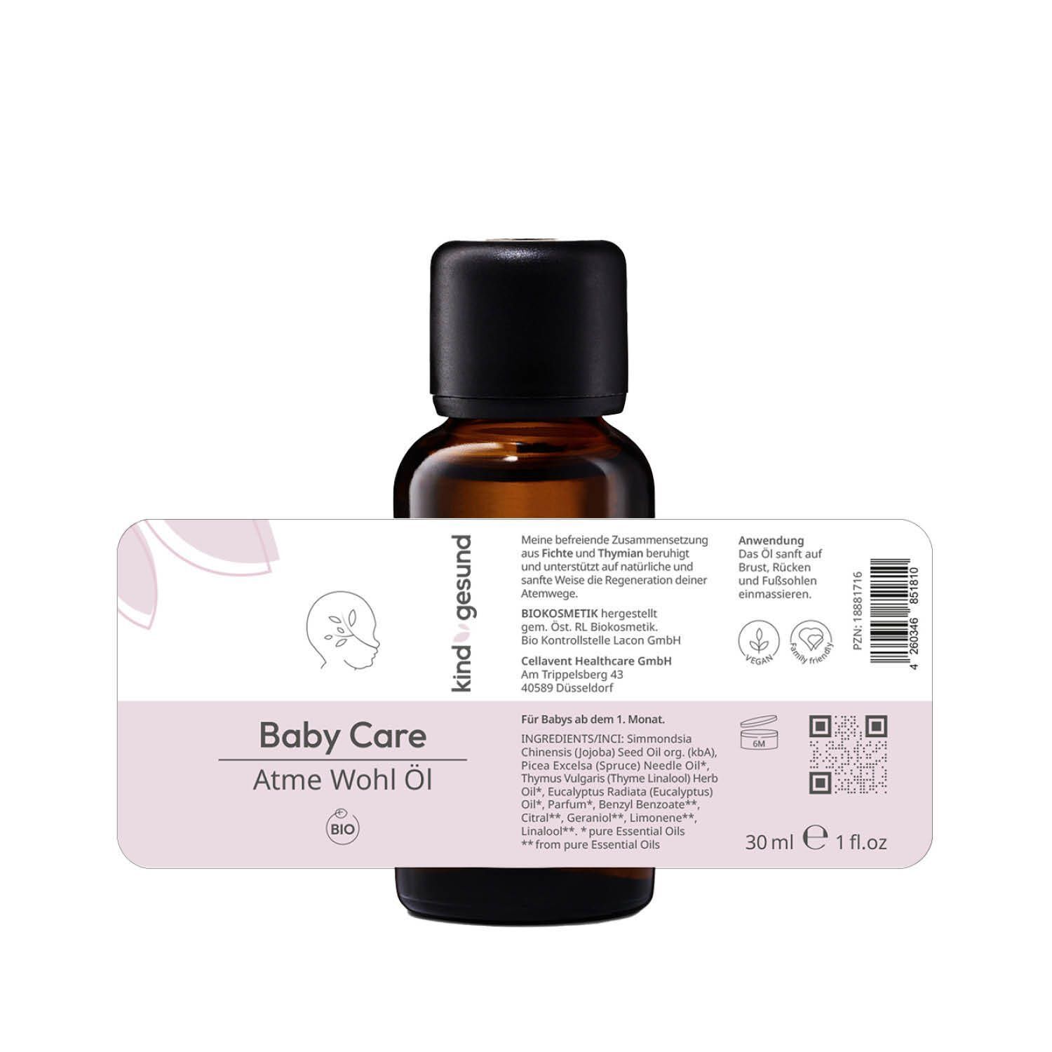 Braune Glasflasche mit schwarzem Deckel. Etikett mit Logo und Text: Baby Care Atme Wohl Öl. BIO-Zertifizierung. Text mit Inhaltsstoffen und Anwendung.