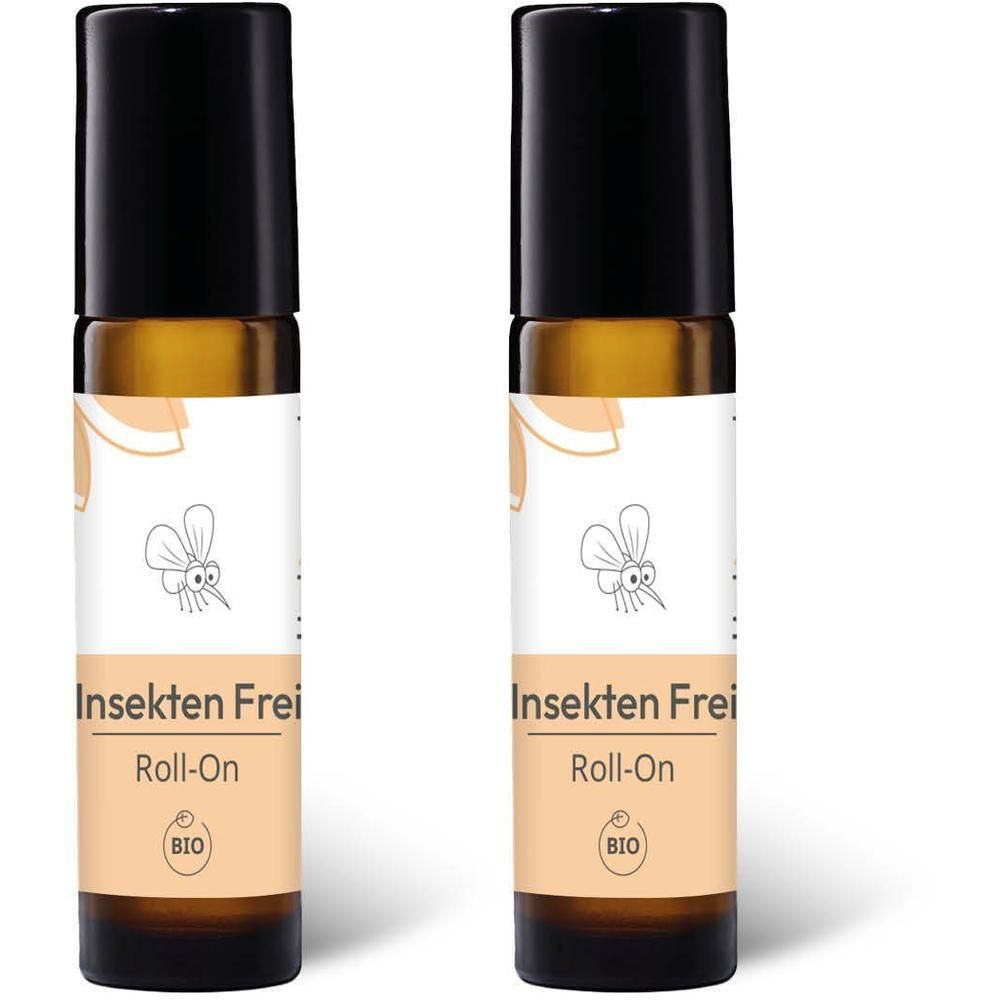 Zwei Roll-on-Flaschen mit schwarzem Deckel und Etikett. Aufschrift: Insekten Frei Roll-On. BIO-Siegel.