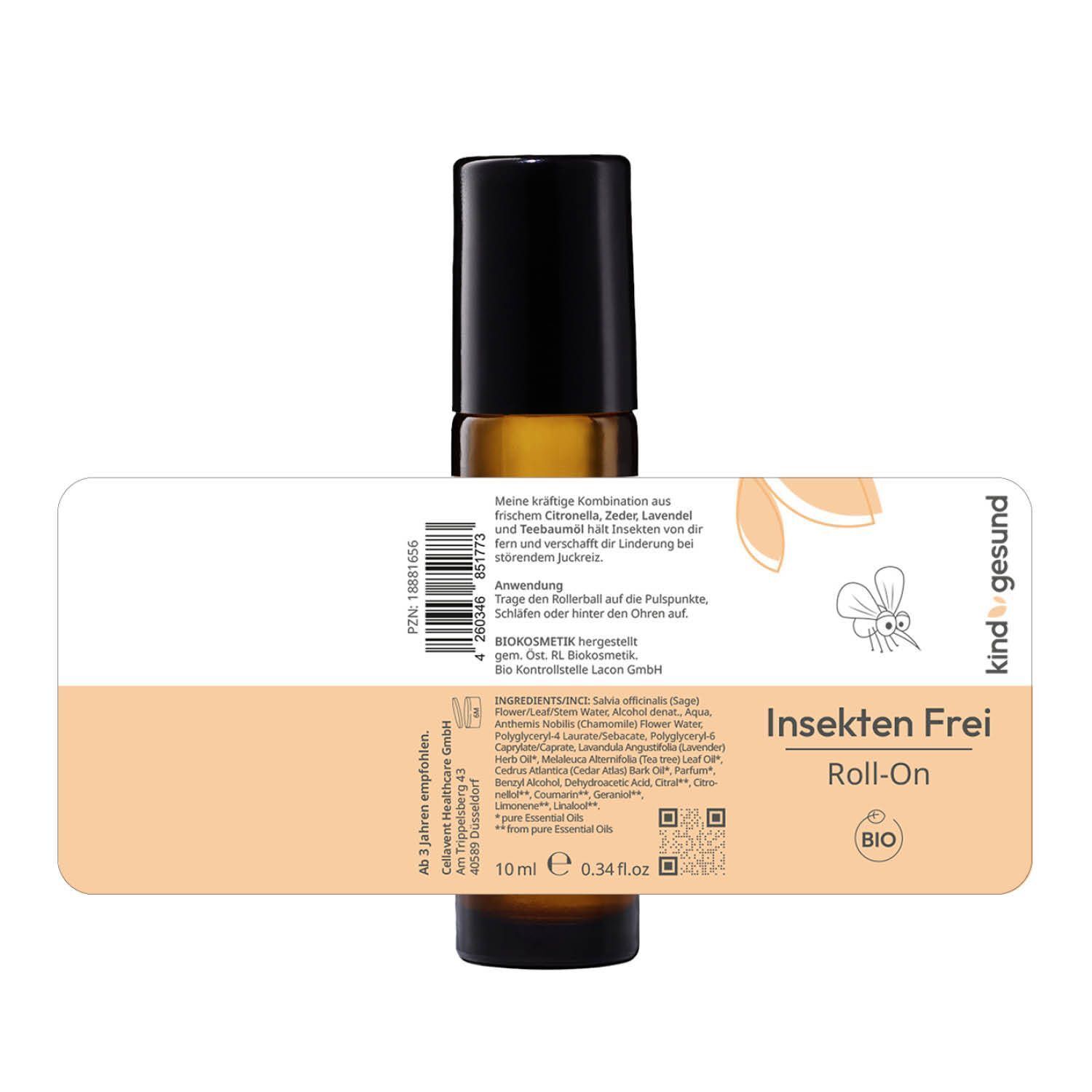 Roll-on-Flasche mit Etikett und schwarzem Deckel. Aufschrift: Insekten Frei Roll-On. BIO-Siegel. Rückseite mit Text.