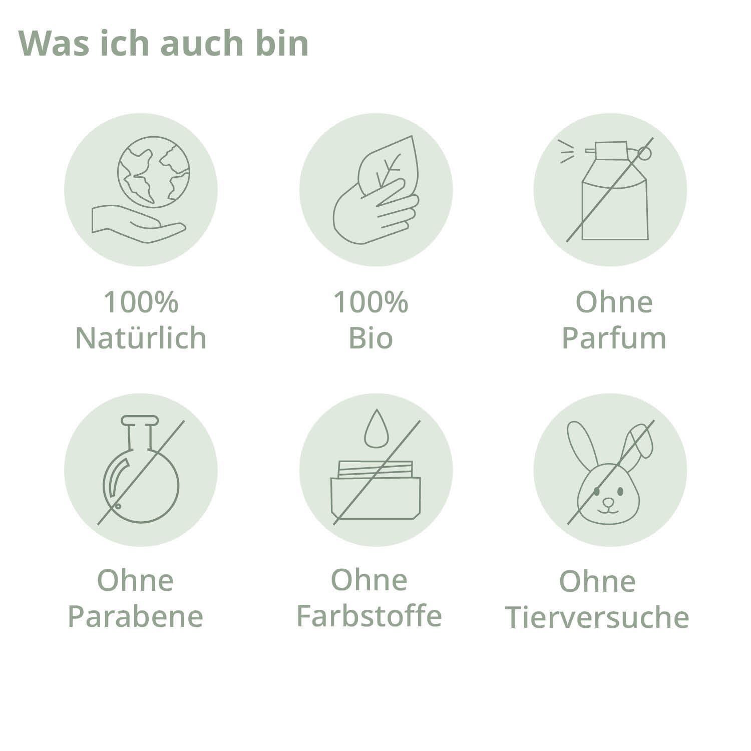 Kreisförmige Icons mit Text. 100% Natürlich, 100% Bio, Ohne Parfum, Ohne Parabene, Ohne Farbstoffe, Ohne Tierversuche.