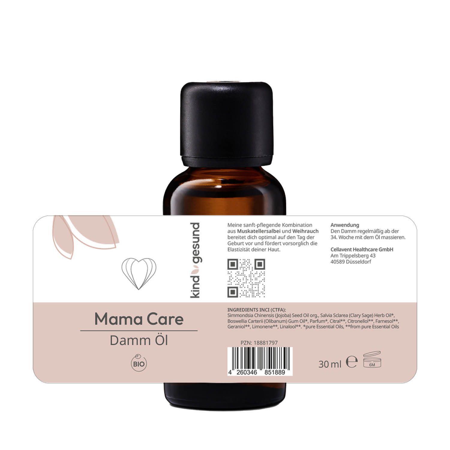 Braune Flasche mit schwarzem Deckel. Aufkleber mit "Mama Care Damm Öl" und Logo. Marke: kindgesund®. Mit Text und QR-Code.