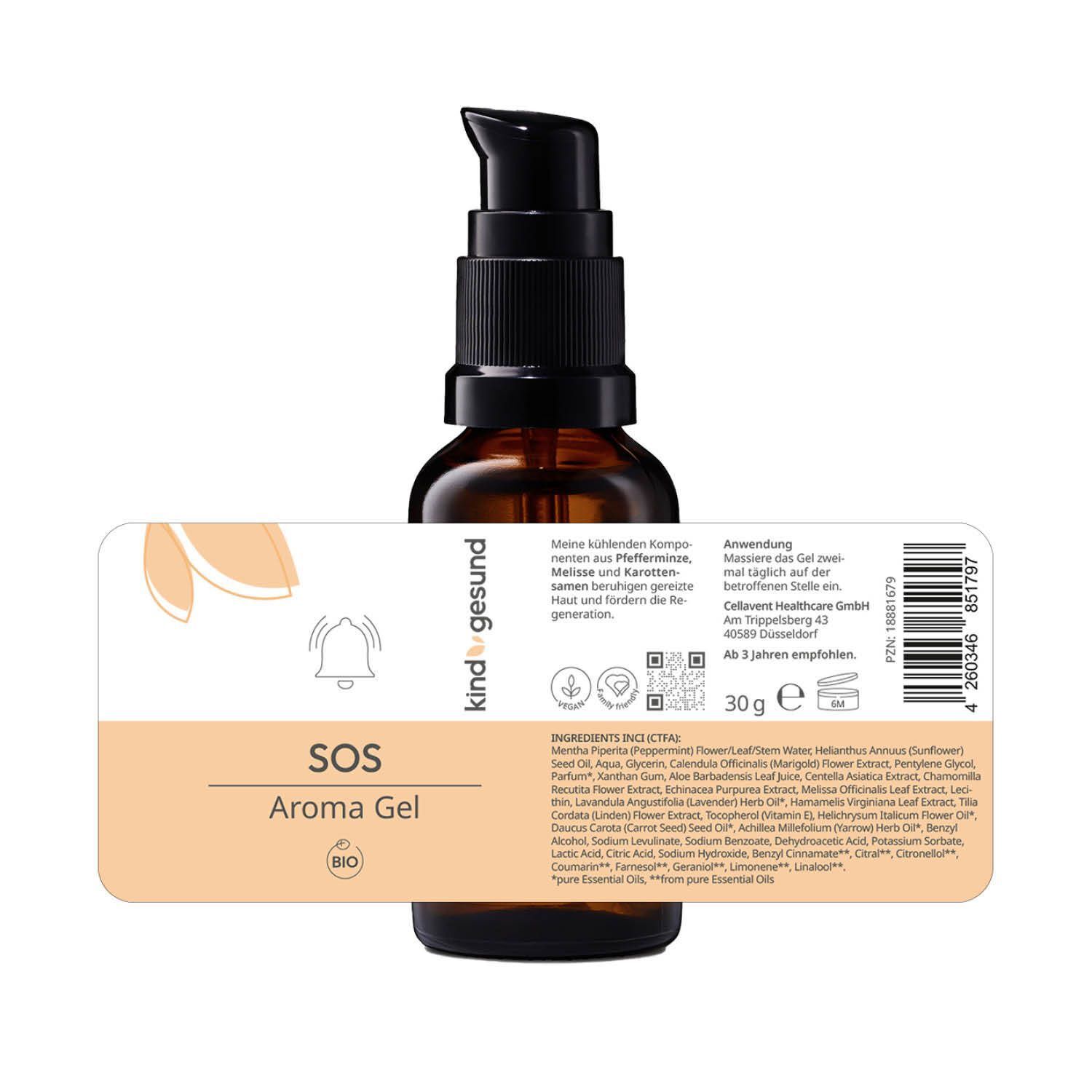 Braune Glasflasche mit schwarzem Pumpverschluss. Aufkleber mit "SOS Aroma Gel" und Inhaltsangaben.