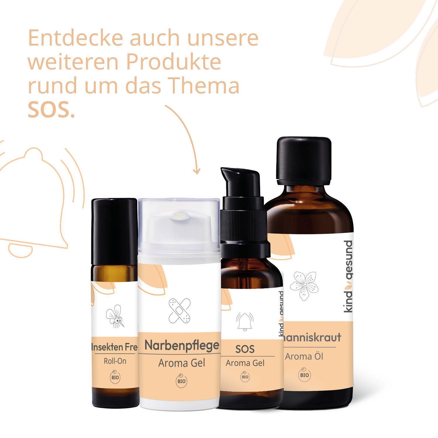 Verschiedene Produkte, darunter SOS Aroma Gel, in Flaschen und Roll-on. Text: "Entdecke auch unsere weiteren Produkte".