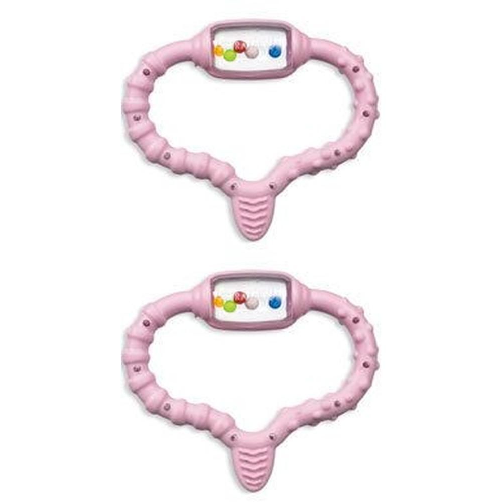 Zwei rosa Beißringe mit abgerundeten Formen und integrierten farbigen Kugeln. Jeder hat eine ovale Form mit einem Griff.