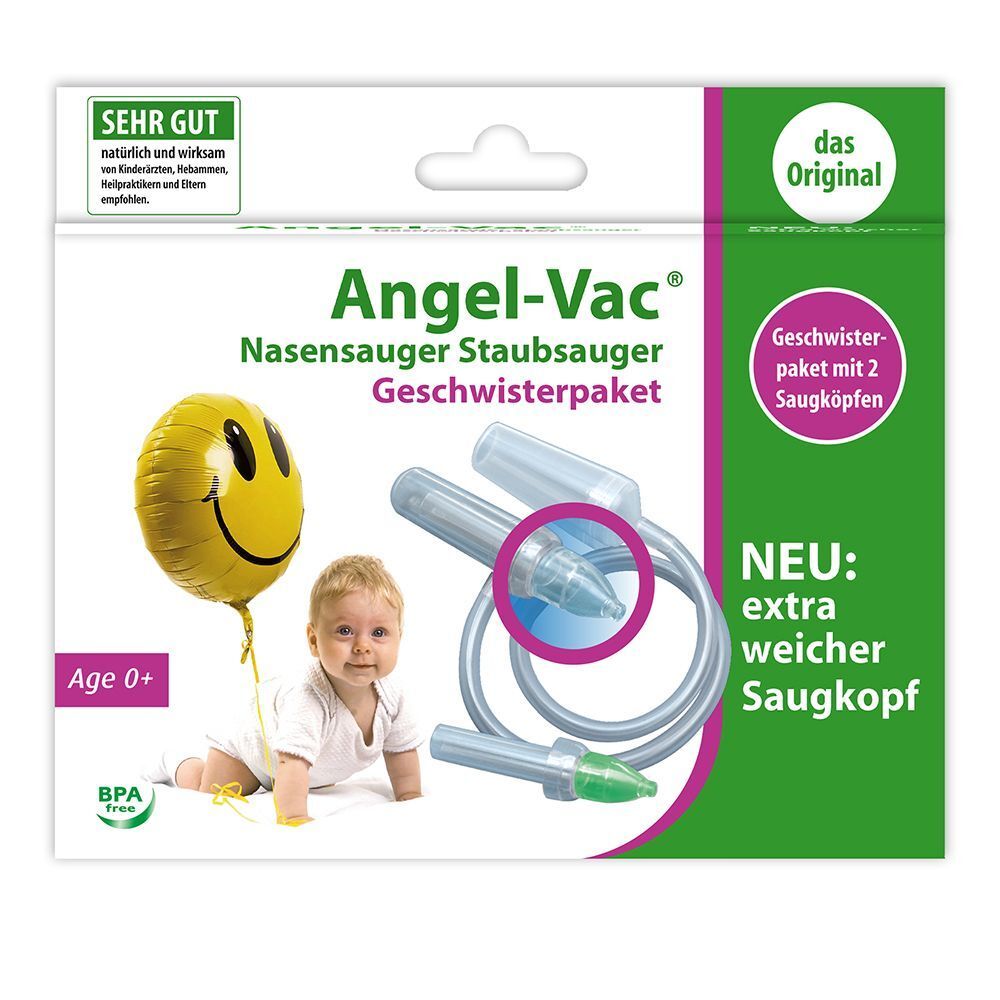 Verpackung Angel-Vac® Nasensauger Geschwister Paket. Baby, Smiley-Ballon, Nasensauger, Aufdrucke: „SEHR GUT“, „das Original“, Alter 0+.