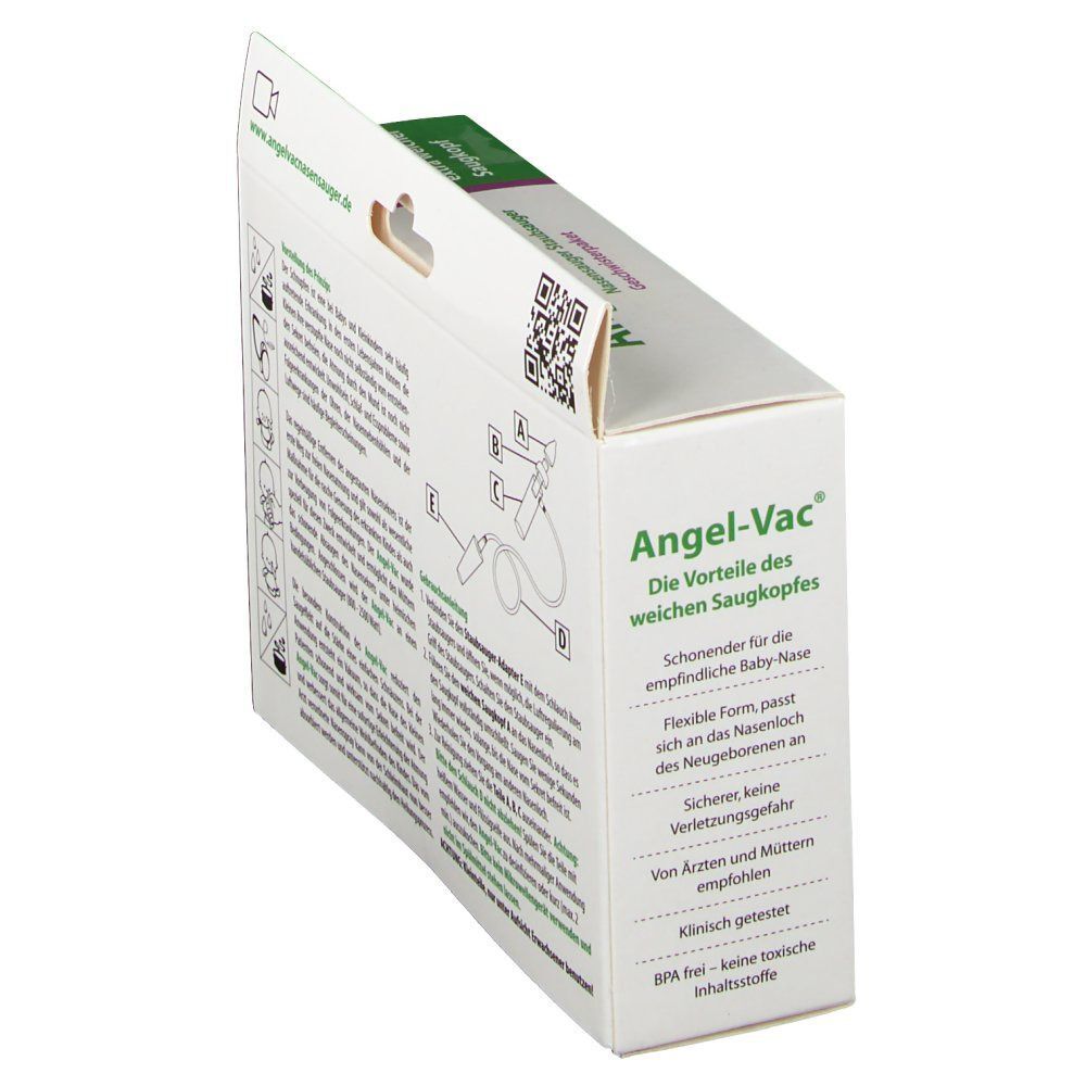Rückseite der Verpackung Angel-Vac®. Text: Vorteile des weichen Saugsaugers, klinisch getestet, BPA-frei.