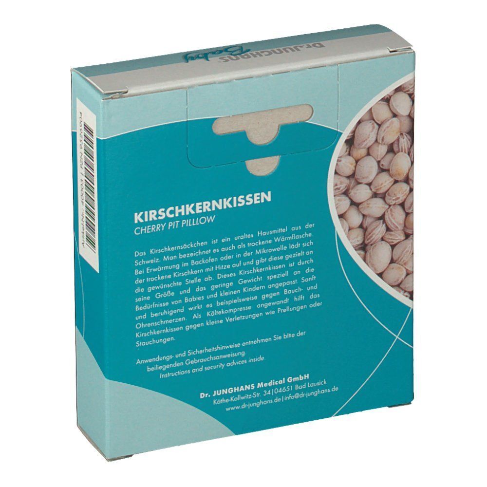 Rückseite eines Kartons mit Kirschkernkissen. Text: Kirschkernkissen, Cherry Pit Pillow. Informationen und Sicherheitsanweisungen.