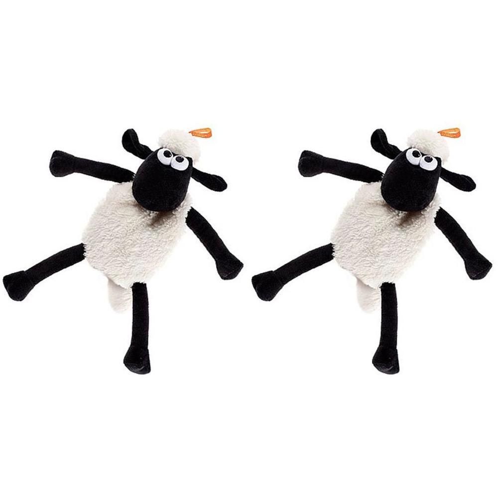 Zwei Stofftiere: Shaun das Schaf. Weißes Fell, schwarzer Kopf, Beine und Arme. Gelbe Ohren. Beide in Tanzpose.