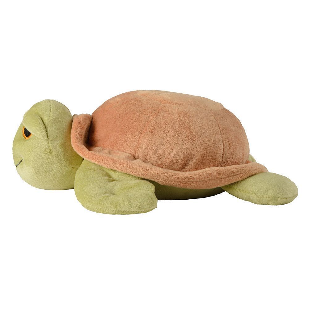 Stofftier in Schildkrötenform. Grün und braun. Weiches Material. Augen und Mund aufgenäht. Seitenansicht.