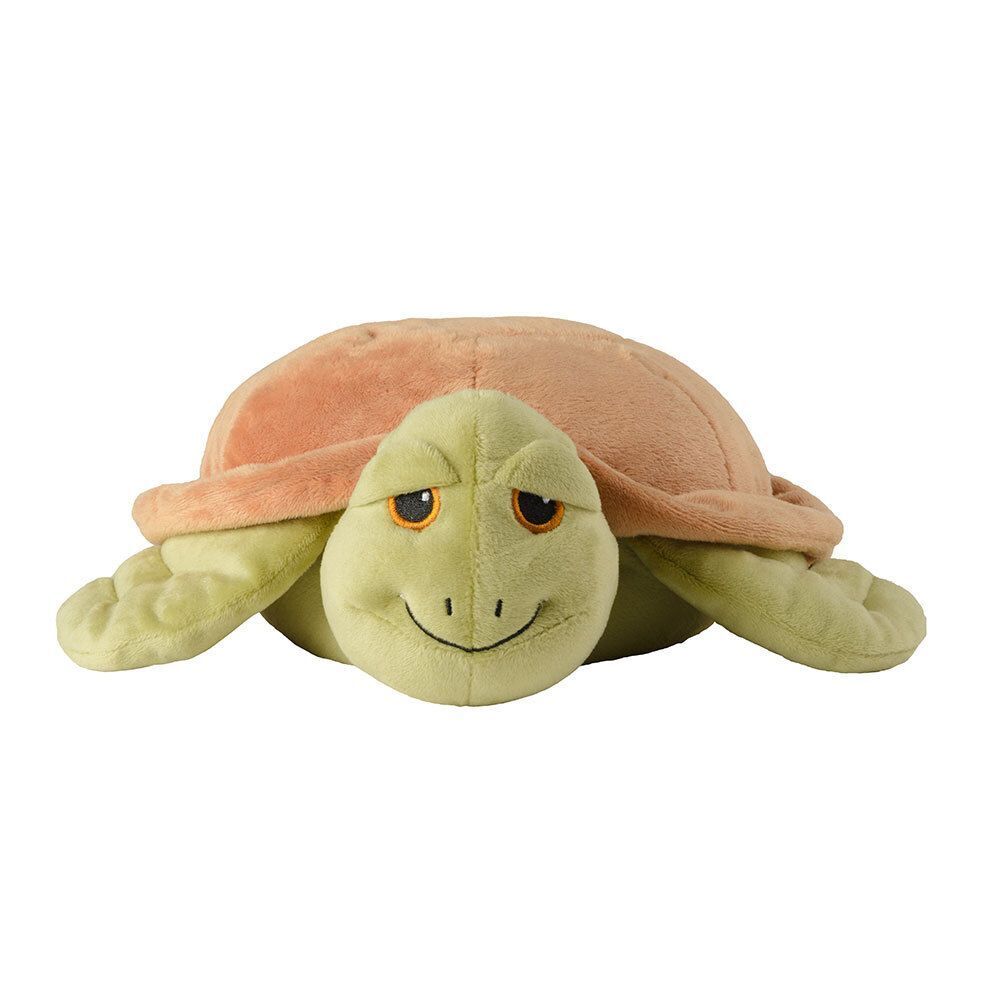 Stofftier in Schildkrötenform. Grün und braun. Weiches Material. Augen und Mund aufgenäht. Frontansicht.