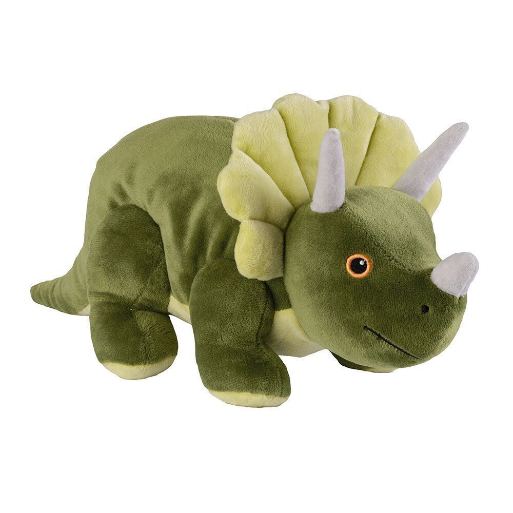 Grünes Triceratops-Plüschtier mit Hörnern, Kragen und orangefarbenen Augen. Es liegt auf einer weißen Oberfläche.