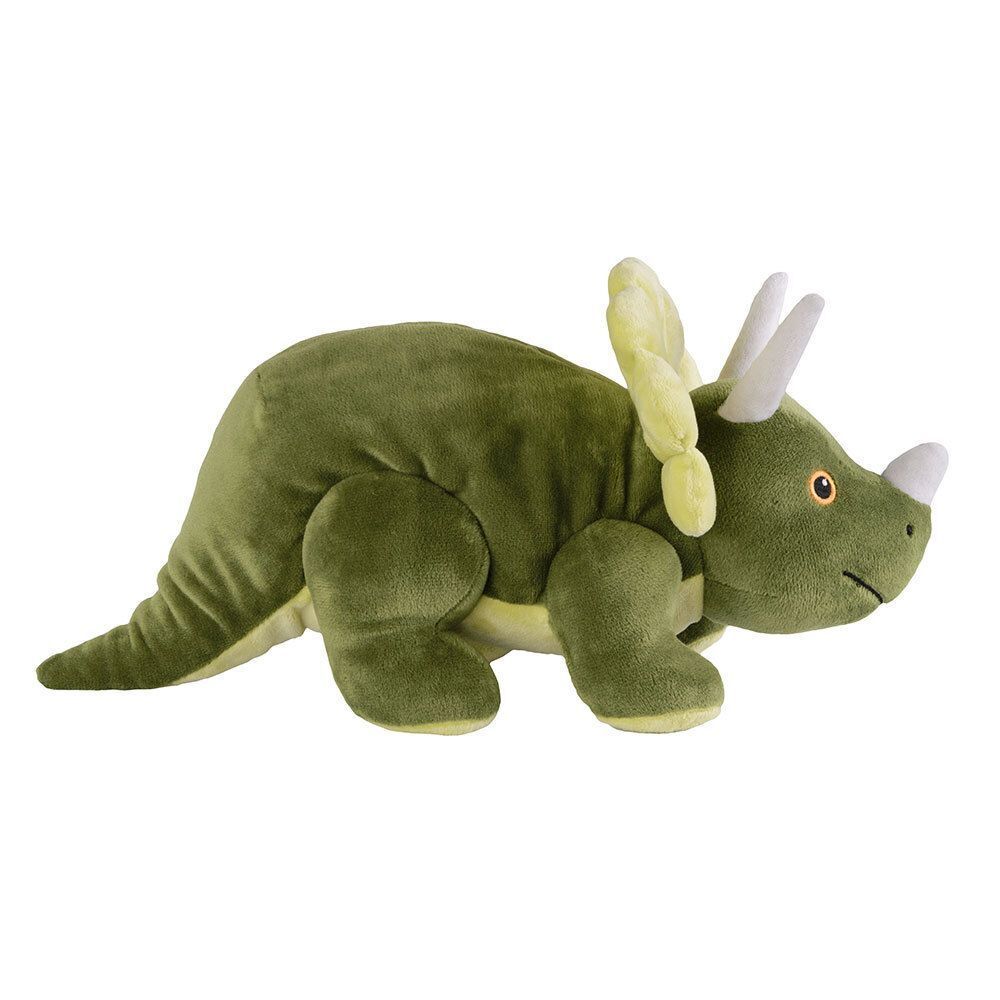 Grünes Triceratops-Plüschtier mit Hörnern, Kragen und orangefarbenen Augen. Es liegt auf einer weißen Oberfläche.
