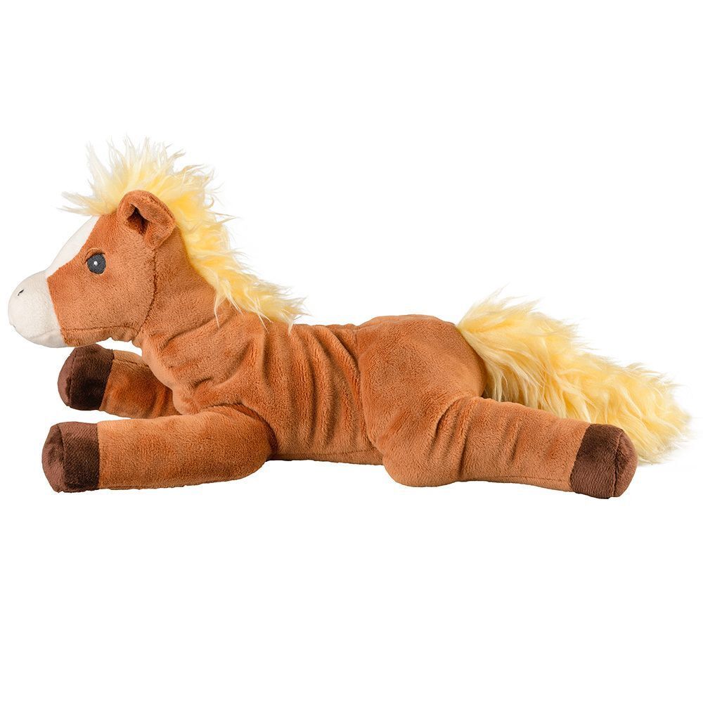 Braunes Plüschpferd, liegend. Blonde Mähne und Schweif, weißes Gesicht, braune Hufe.