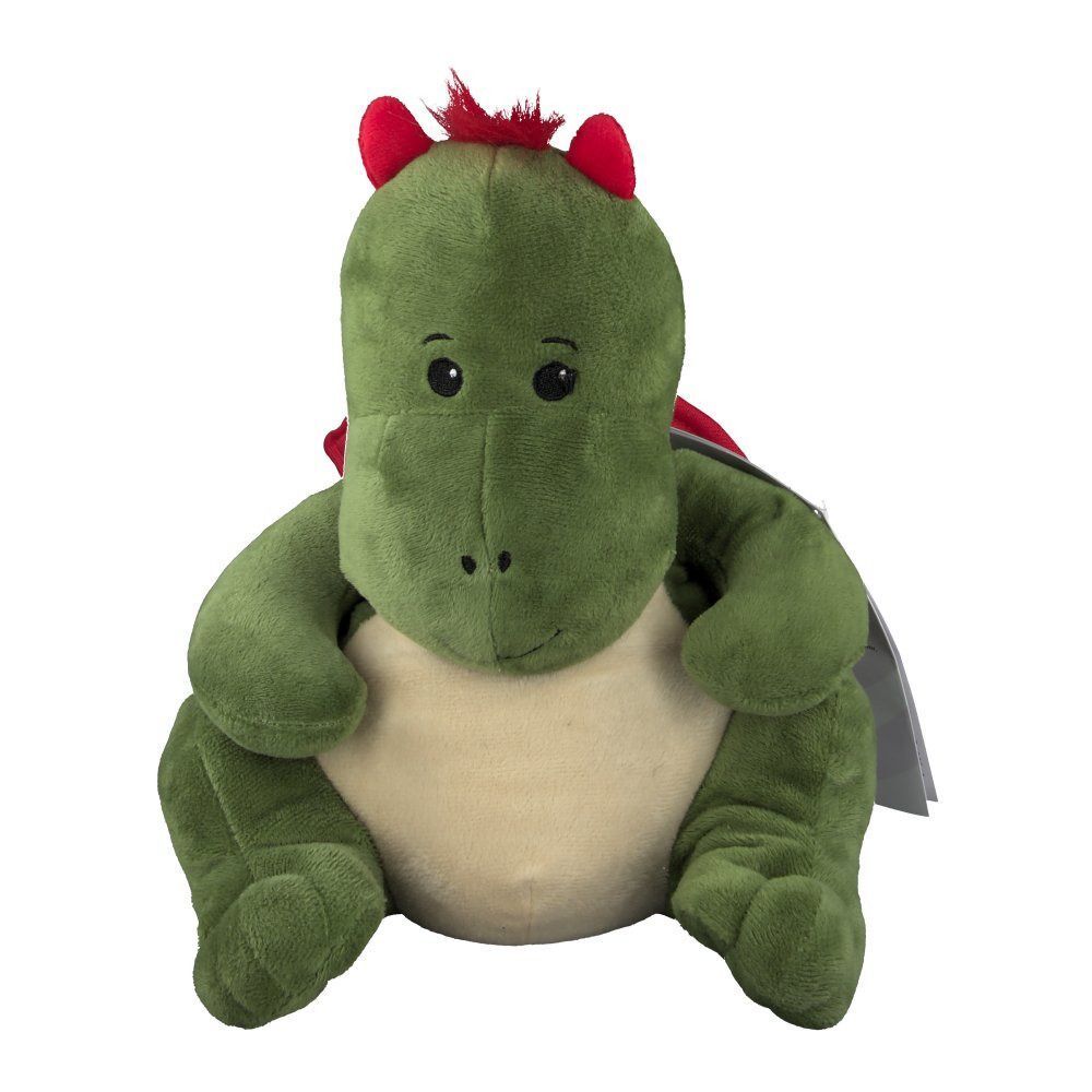Grüner Stoffdrache mit roten Flügeln und Hörnern. Bauch beige. Anhänger teilweise sichtbar.