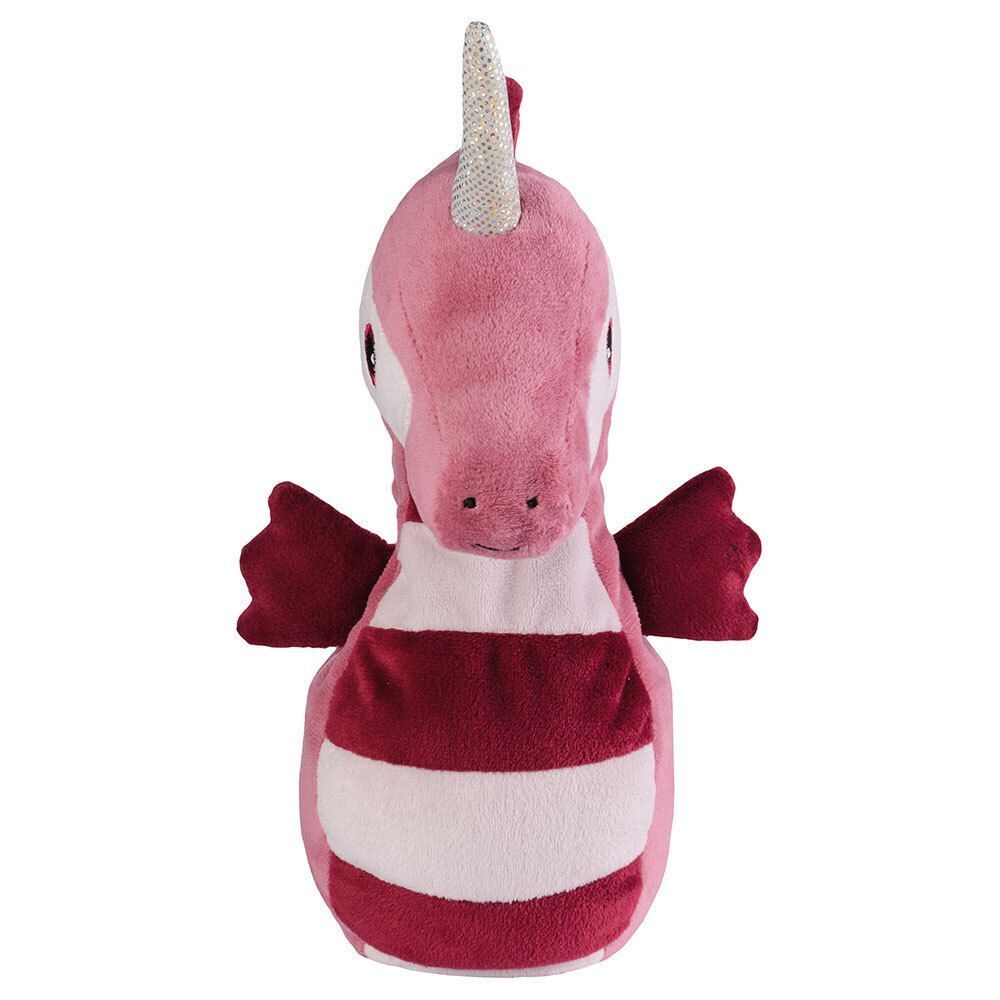 Rosa Stofftier in Einhorn-Seepferdchen-Form. Mit silbernem Horn, roter Mähne und Streifenmuster.