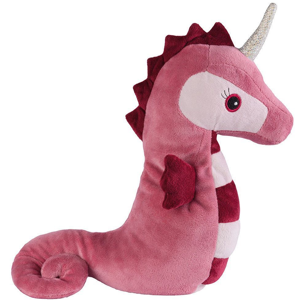 Rosa Stofftier in Einhorn-Seepferdchen-Form. Mit silbernem Horn, roter Mähne und Streifenmuster.