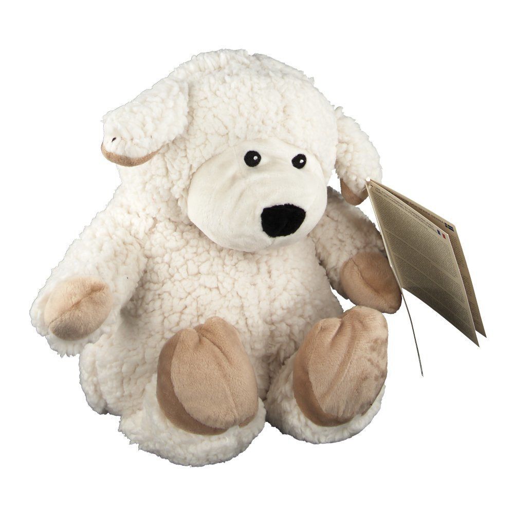 Beiges Schaf-Plüschtier mit schwarzer Nase, beige Füßen und Ohren. Ein Etikett ist am Körper befestigt.