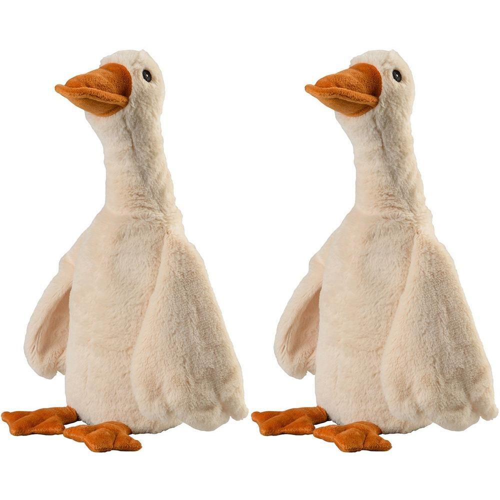 Zwei Stofftiere in Form von Gänsen. Beige Körper, orange Schnäbel und Füße. Weiches Material.