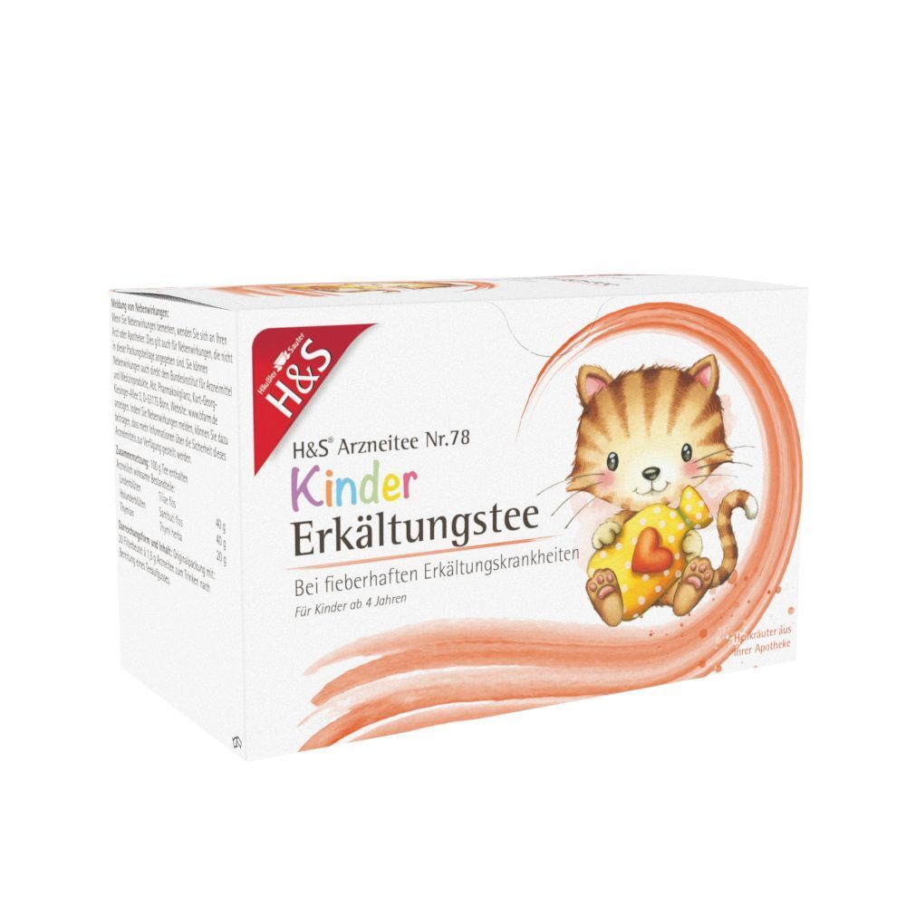 H&S Kinder Erkältungstee Packung mit Katze, Rückseite mit Text.