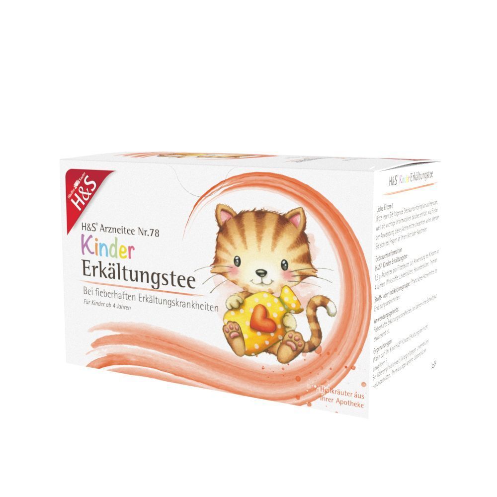 H&S Kinder Erkältungstee Packung mit Katze, Seitenansicht.