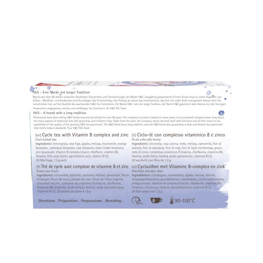 Rückseite der H&S Zyklus-Tee Verpackung. Text in Deutsch, Englisch, Französisch und Italienisch. Zutatenliste und Zubereitung.