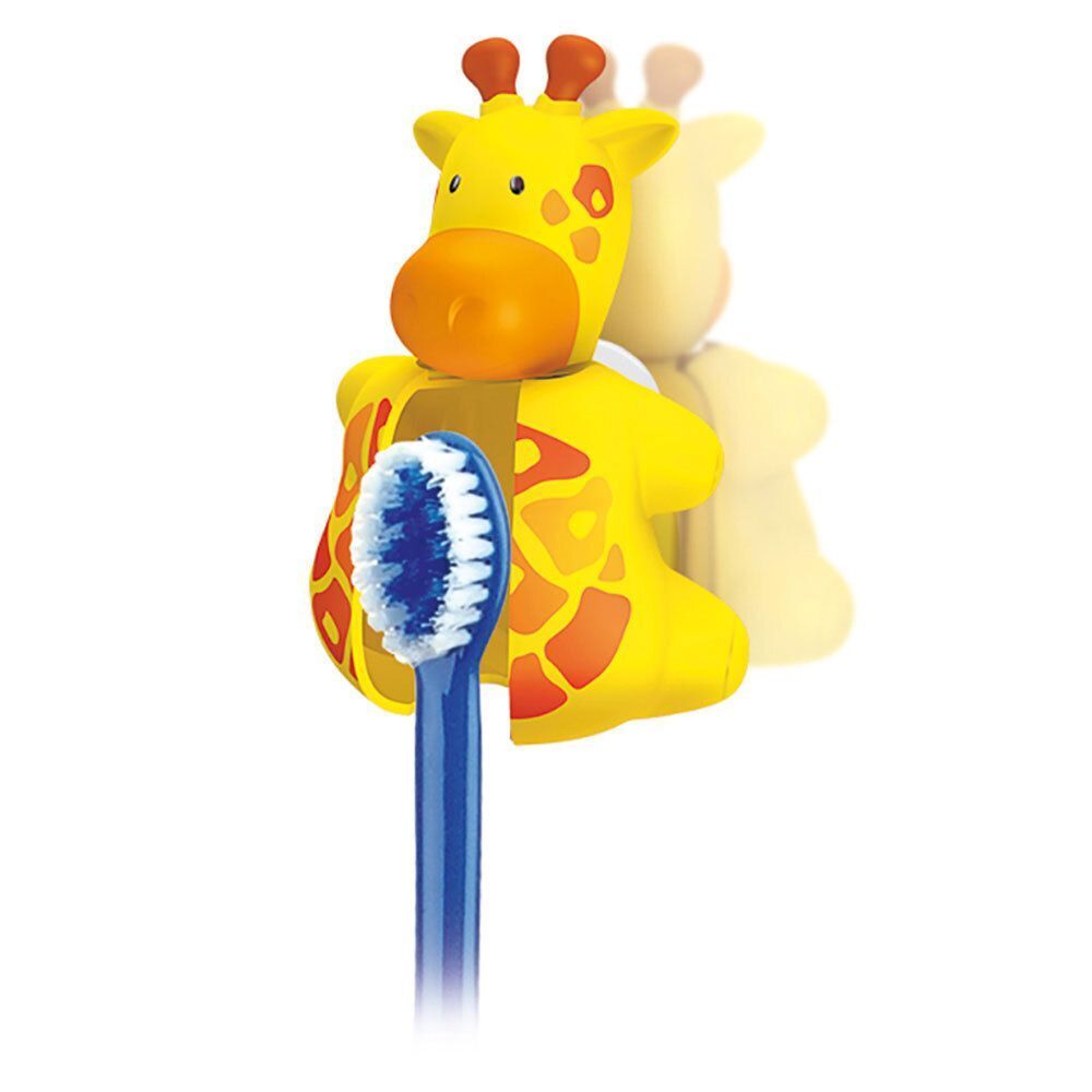 Gelbe Giraffe mit Zahnbürste. Blaue Zahnbürste mit weißen Borsten. Giraffe hält Zahnbürste.