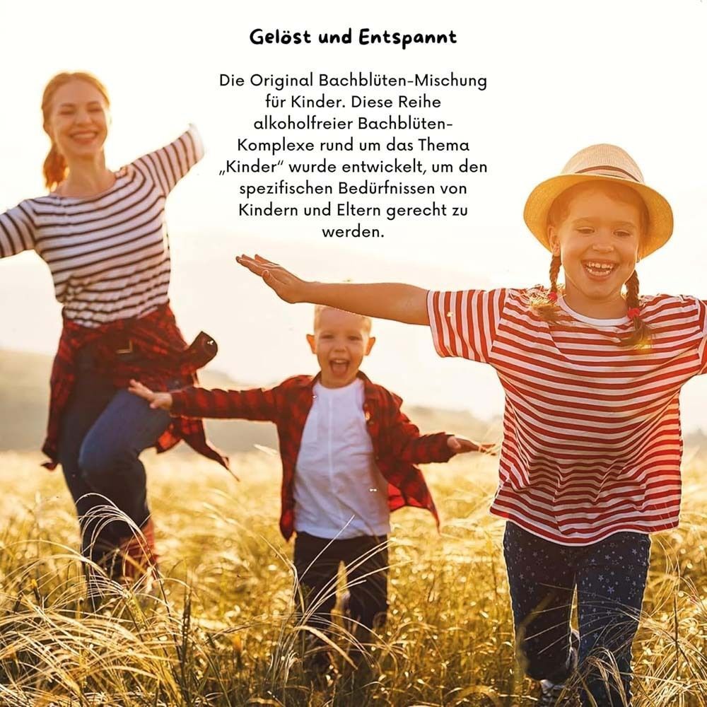 Drei Kinder und eine Frau mit geöffneten Armen auf einem Feld. Text: Gelöst und Entspannt. Text über Bachblüten für Kinder.
