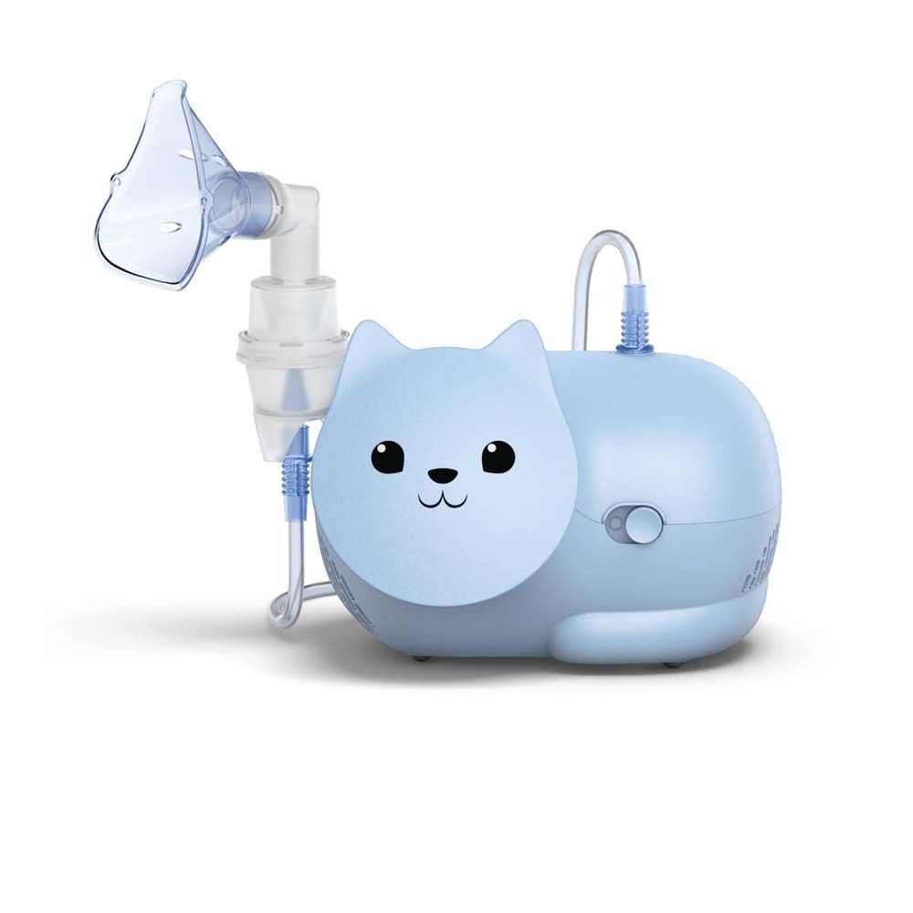 Blauer Inhalator in Katzenform. Mit Maske und Schlauch. Ein-Knopf-Bedienung.