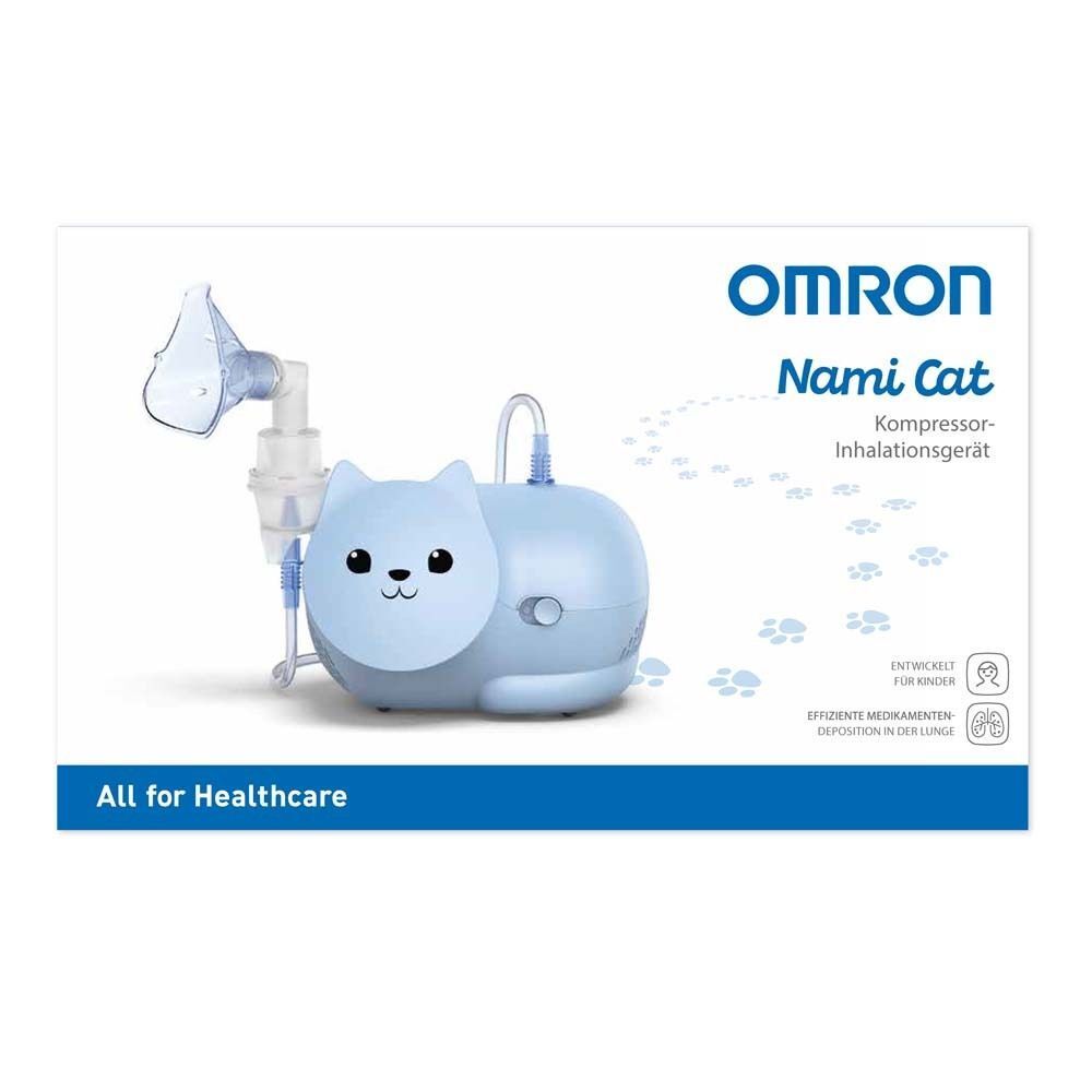 OMRON Nami Cat Kompressor-Inhalationsgerät. Blaues Gerät in Katzenform mit Maske und Zubehör. Text auf der Verpackung.