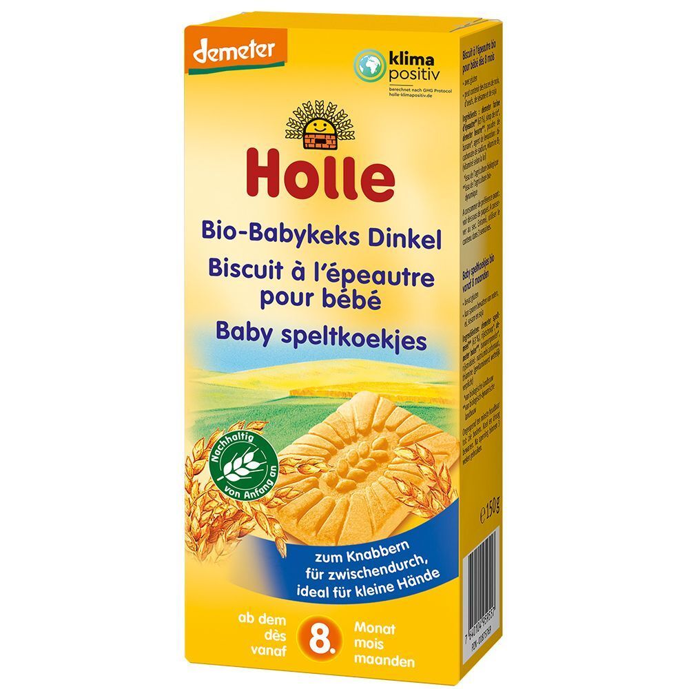 Holle Bio-Babykeks Dinkel Packung. Gelbe Verpackung mit Produktnamen, Logo und Keksabbildung. Demeter-Siegel. Ansicht schräg.
