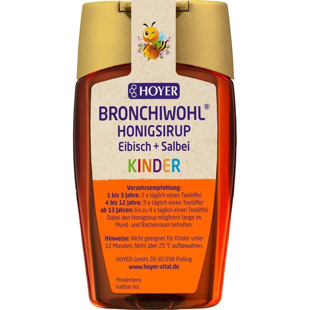 Flasche BRONCHIWOHL Kinder Honigsirup Eibisch + Salbei mit Bienen-Illustration und Anwendungshinweisen.