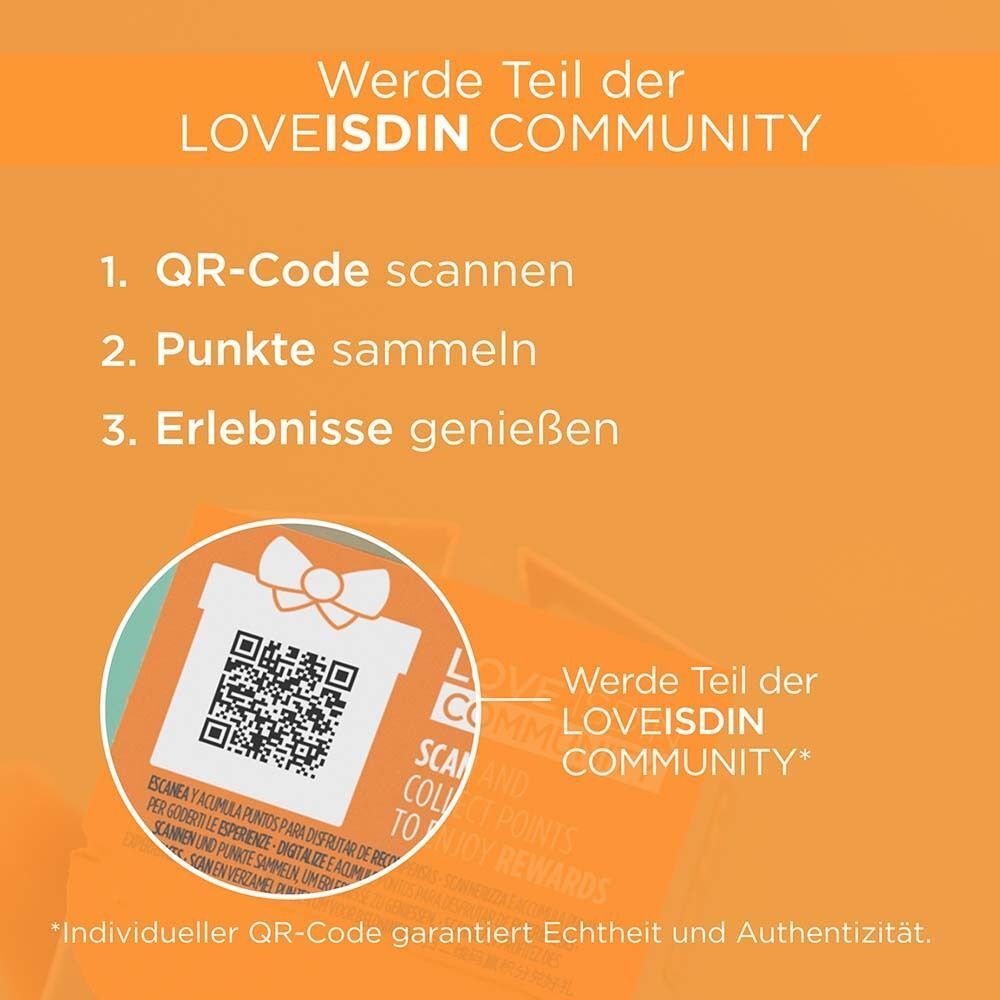 Grafik mit QR-Code und Text: Werde Teil der LOVEISDIN COMMUNITY. 1. QR-Code scannen. 2. Punkte sammeln. 3. Erlebnisse genießen.