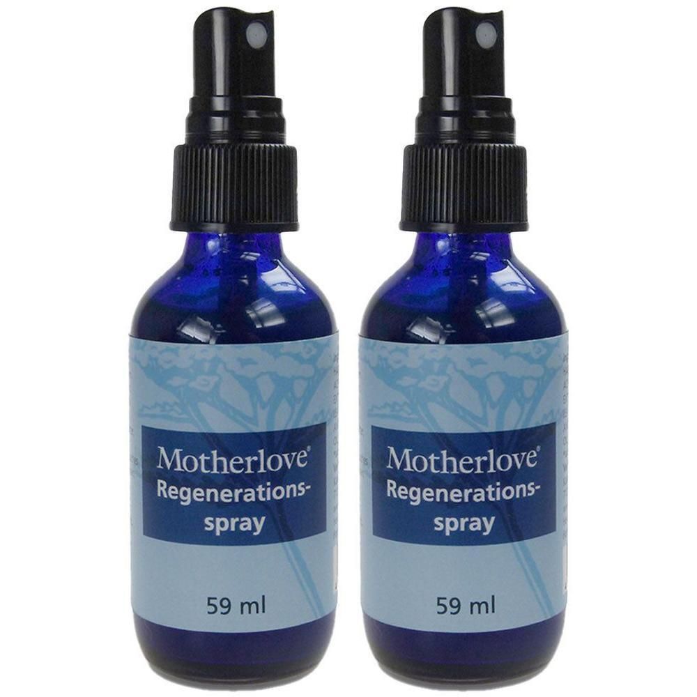 Zwei blaue Sprühflaschen. Aufschrift: Motherlove Regenerationsspray, 59 ml.