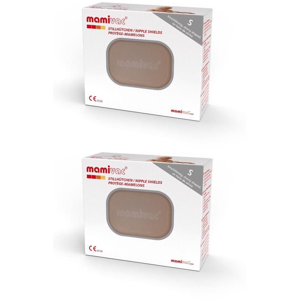 Zwei Packungen mit Stillhütchen. Auf der Verpackung steht "mamivac", "Stillhütchen/Nipple Shields" und "Gr. S".