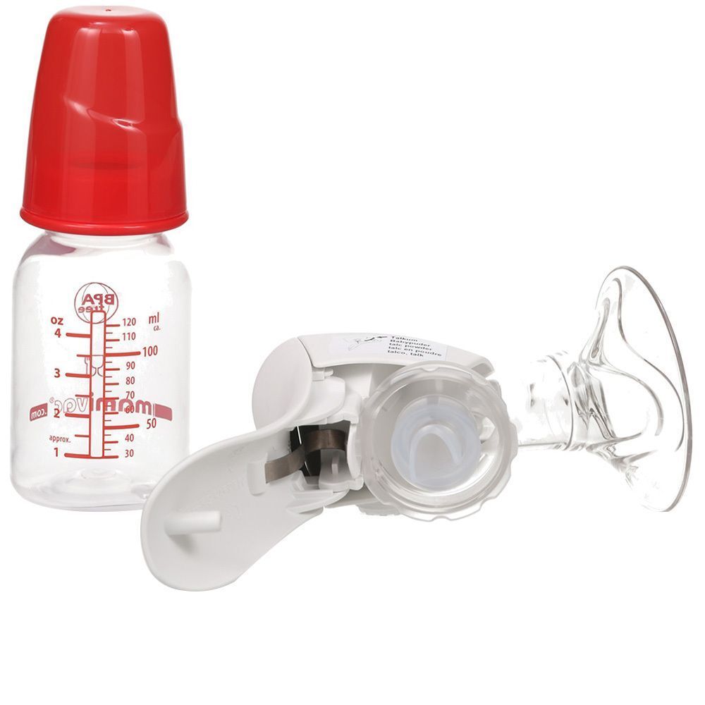 Handmilchpumpe mit Flasche und roter Kappe. Die Flasche hat eine Messskala. Die Pumpe ist weiß.