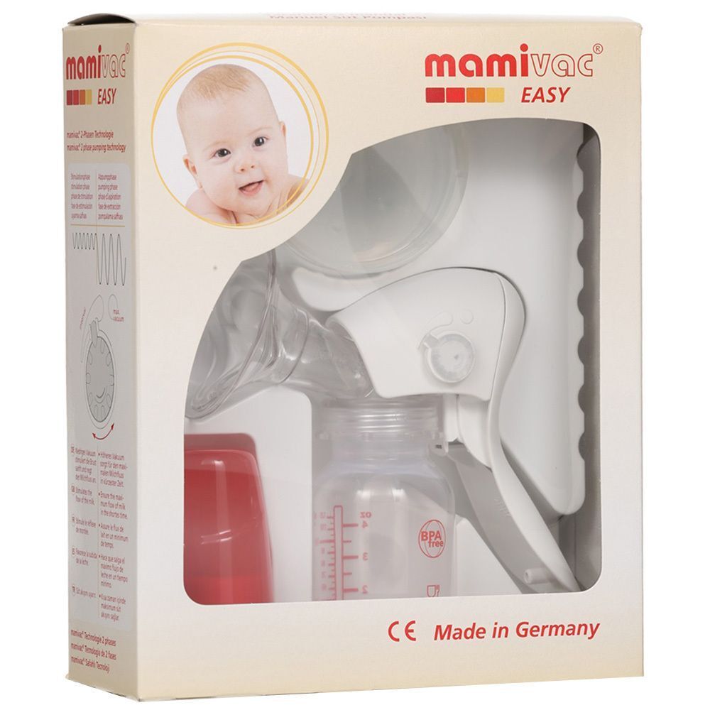 Verpackung der Handmilchpumpe. Auf der Verpackung ist ein Baby abgebildet. Der Markenname ist sichtbar.