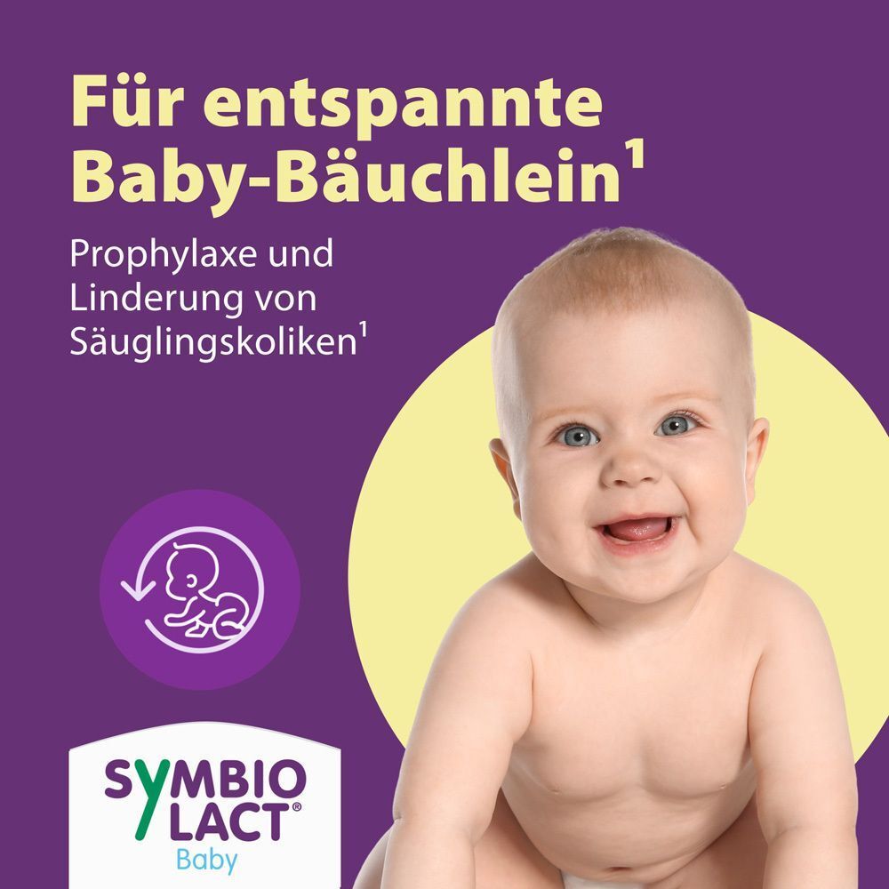 Baby lächelt. Text: Für entspannte Baby-Bäuchlein. Logo SymbioLact Baby. Lila Hintergrund mit gelbem Kreis.