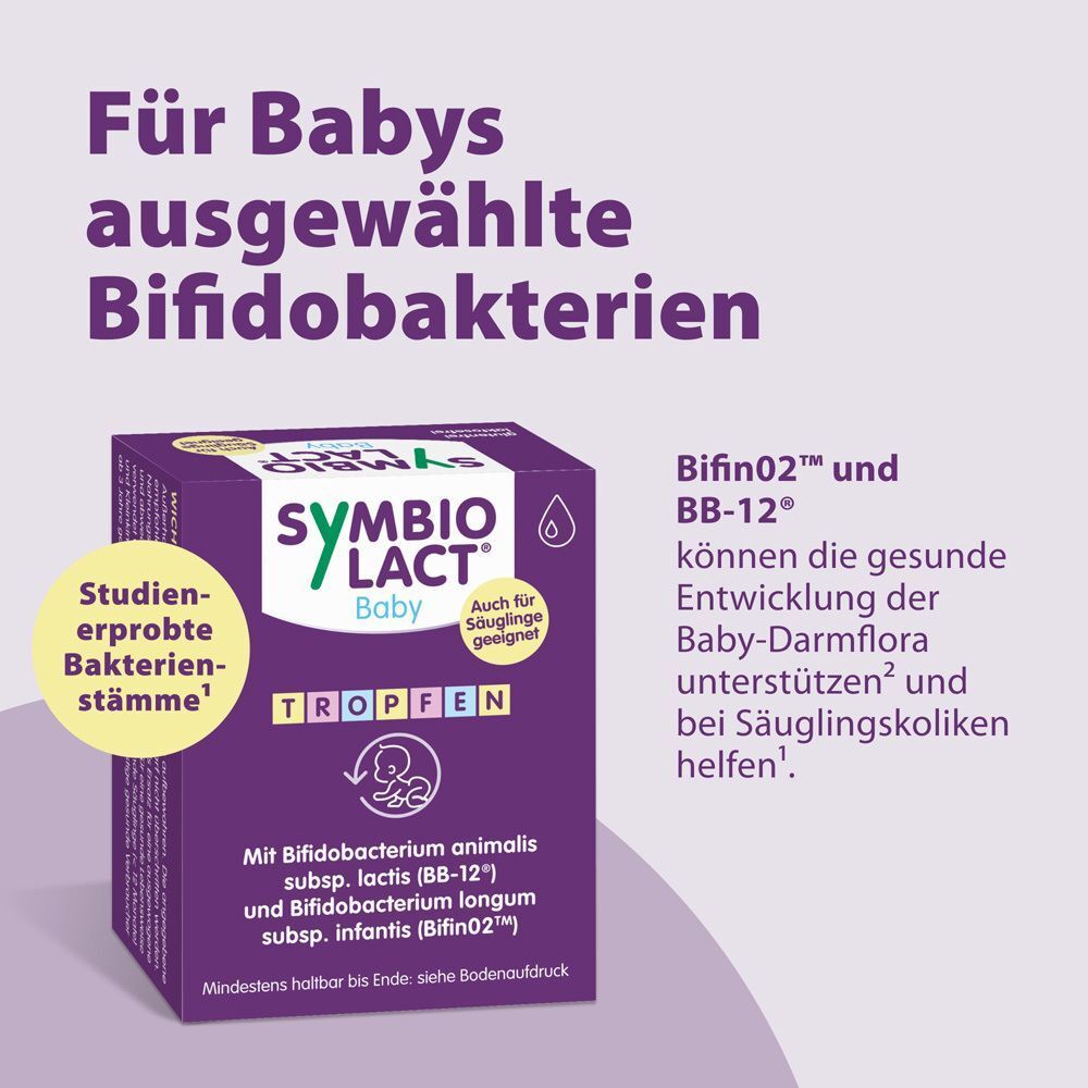 Verpackung SymbioLact Baby Tropfen. Text: Für Babys ausgewählte Bifidobakterien. Lila Verpackung mit Produktinformationen.