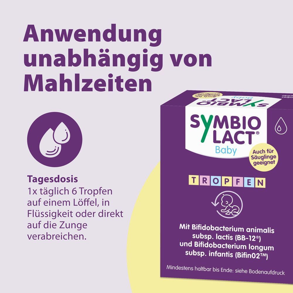 Verpackung SymbioLact Baby Tropfen. Text: Anwendung unabhängig von Mahlzeiten. Lila Verpackung mit Produktinformationen.
