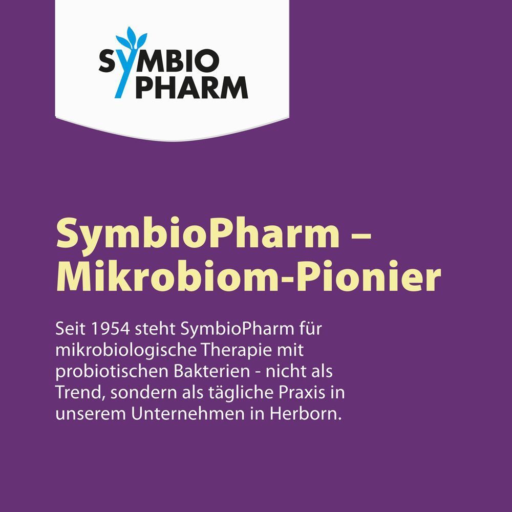 Logo SymbioPharm. Text: SymbioPharm - Mikrobiom-Pionier. Text über das Unternehmen.